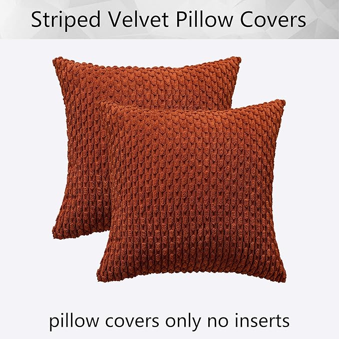 Kevin Textile Fall Set of 2 Striped Textured Velvet Corduroy Decorative Europe Sham Seasonal Autumn Throw Pillow Cushion Cover for Couch (60x60 cm 24 Inch) Burnt Brick