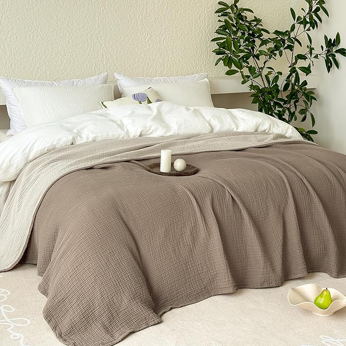 FALUCA Cotton Muslin Reversible Blanket 50x60 Inches for Bed, Couch, Four Layers Blanket, Soft Lightweight Cozy Breathable Farmhouse Decoration for All-Season, Brown