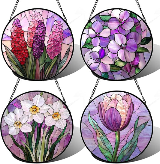 DASTOLL Stained Glass Window Hanging 4 Pcs Set Purple Flower Theme Large 11.8" - Tulip Suncatcher Door Garden Sun Catcher Decor Birthday Christmas for Plant Lovers Woman Nana Men