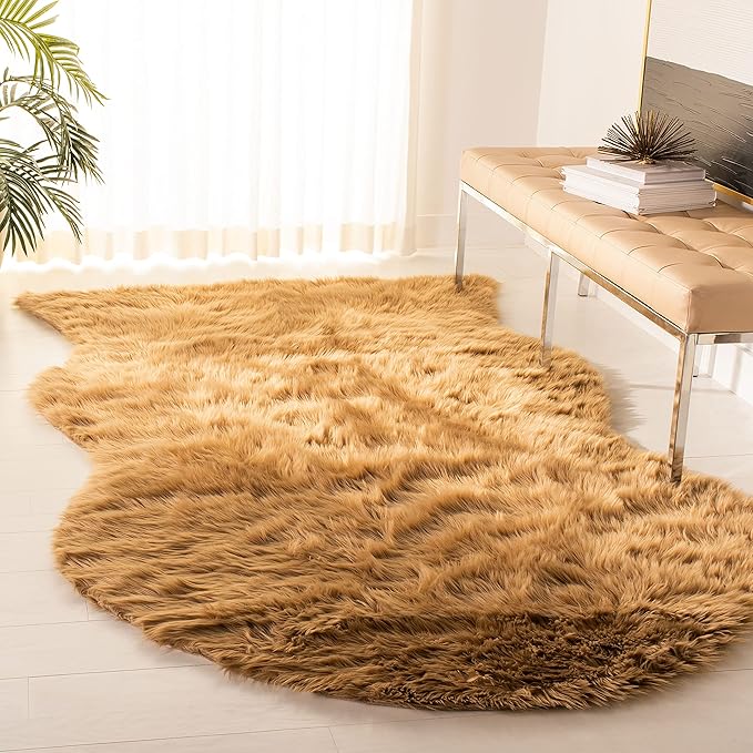 SAFAVIEH Faux Sheep Skin Collection Accent Rug - 4' x 6', Camel, Silken Glam Design, Non-Shedding & Easy Care, 2.35-inch Thick Ideal for High Traffic Areas in Entryway, Living Room, Bedroom (FSS115E)