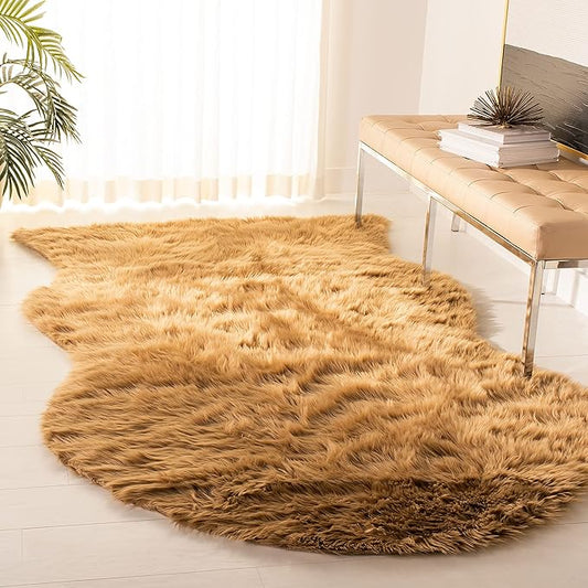 SAFAVIEH Faux Sheep Skin Collection Accent Rug - 4' x 6', Camel, Silken Glam Design, Non-Shedding & Easy Care, 2.35-inch Thick Ideal for High Traffic Areas in Entryway, Living Room, Bedroom (FSS115E)