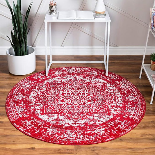 Rugs.com Arlington Collection Rug – 8 Ft Round Red Medium-Pile Rug Perfect for Kitchens, Dining Rooms