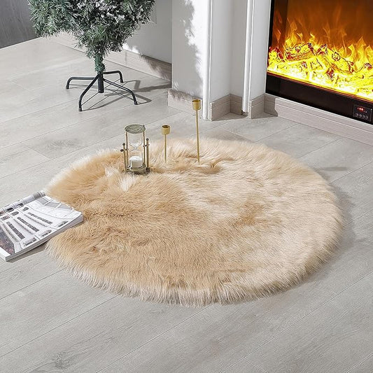 Faux Fur Rug Sheepskin Shag Fluffy Fuzzy Beige 3x3 ft Rugs for Bedroom Bedside Bed Floor Living Room Plush Round High-Density Cushion Carpet Super Sofa Cover