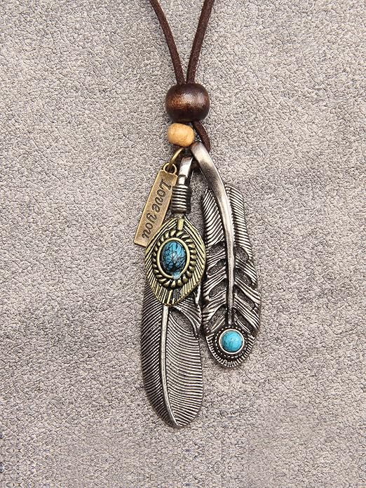 Leather Necklace for Women Boho Choker Necklace Long Cord Leather Pendant Bohemian Neckalce Vintage Alloy Pendant Leather Rope Necklace Wooden Necklaces for Women