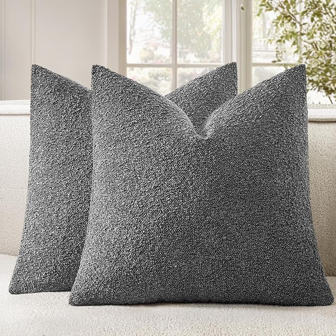 Woaboy Pack of 2 20x20 Inch Decorative Boucle Throw Pillow Covers Textured Square Pillowcaes Accent Solid Cozy Soft Cushion Covers Home Decor for Sofa Couch Living Room Home Decor,Dark Gray