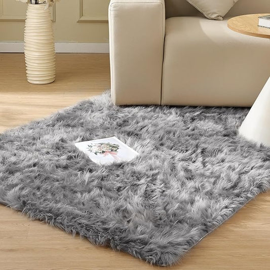 Light Grey Furry Washable Sheepskin Fur Area Rugs for Living Room Faux Fluffy Fur Rug for Bedroom Nursery Rug 4x6 Rectangle Rugs