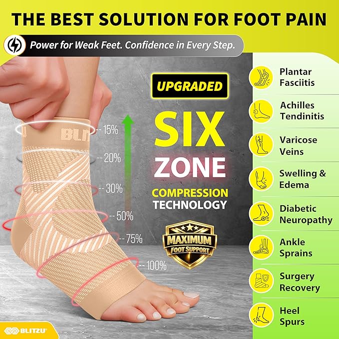 BLITZU Compression Socks for Plantar Fasciitis, Achilles Tendonitis, Arthritis Relief, Ankle Brace Compression Sleeve with Foot Arch Support, Ankle Wrap for Women, Men, Swelling & Heel Pain Nude L-XL