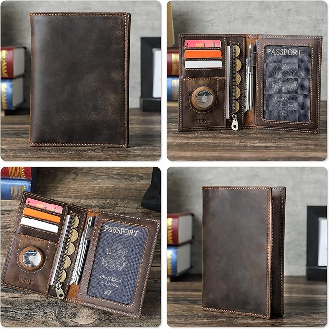 Top Grain Leather Single Travel Passport Wallet Embossing Badge for Unisex, Folio Design for Passport & Multi Cards, RFID Blocking for Passport/Cards/Checks/Bills/AirTag, Coffee Default, RU