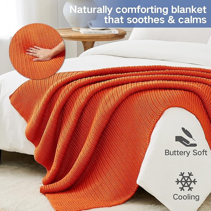 Guohaoi Knitted Weighted Blanket for Adults (Orange 48"x72" 20lbs) No Beads Cooling Throw Blanket for Hot Sleepers, Home Decor Breathable Chunky Knit Heavy Blanket Use on Full Size Bed