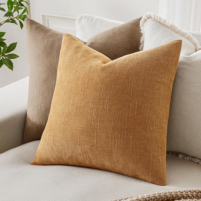 MIULEE Pack of 2 Decorative Throw Pillow Covers Soft Chenille Throw Pillows Solid Textured Cushion Covers Home Decor for Couch Sofa Bedroom Living Room 20x20 Inch,Golden Brown