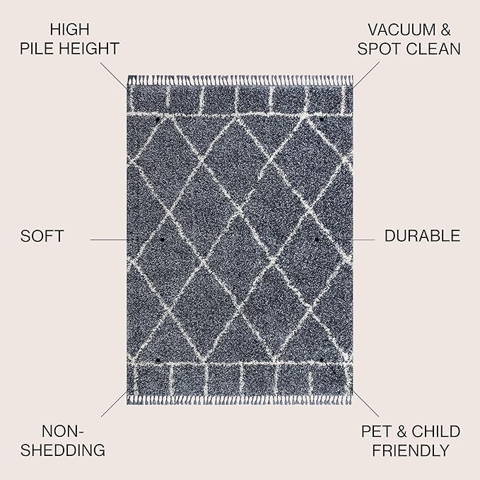 JONATHAN Y Mercer Shag Plush Tassel Blue/Cream Indoor Area Rug, 8x10, Moroccan Geometric Trellis, Easy-Cleaning for Living Room, Bedroom, Kitchen, Pet Friendly, Non-Shedding (MCR101A-8)
