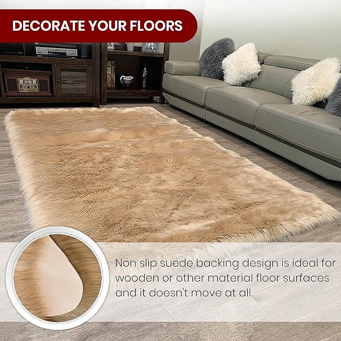 LAMBZY High Pile Super Fluffy Soft Faux Sheepskin Rug | Faux Sheepskin Rugs for Living Room Playroom Bedroom | Classic Super Soft to Touch Rug (9'x12', Beige)