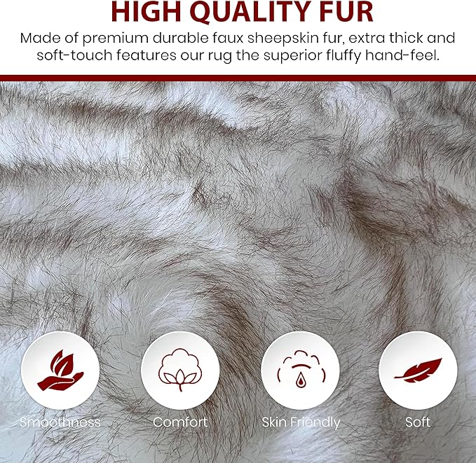 LAMBZY Faux Sheepskin Super Soft Hypoallergenic Silky Shag Rug for Living Room, Kids Room, Sofa (Double 2'x6', White/Brown Tips)