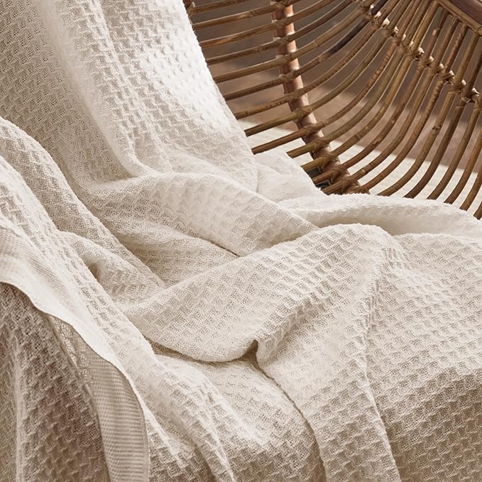 Bedsure Gentlesoft 100% Cotton Large Throw Blanket for Couch 50x70 inches - Breathable and Soft, Waffle Weave Throw Blanket for Office, Light Beige