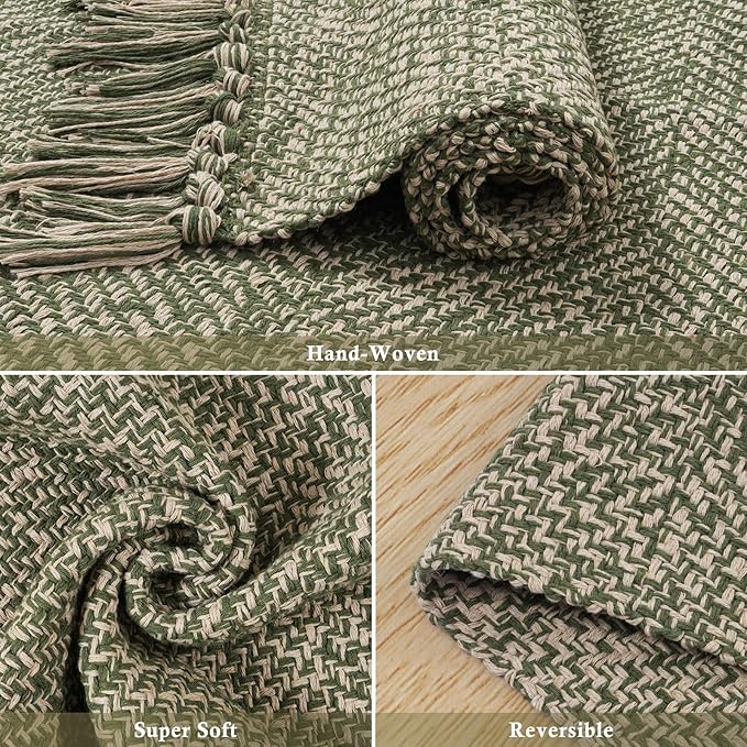 Collive Kitchen Runner Rug 2' x 4.3', Hand-Woven Cotton Reversible Washable Entryway Runner Rug, Natural/Green Farmhouse Bathroom Rug Modern Bedroom Carpet for Laundry Room Front Door Décor