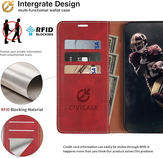 CIVICASE for iPhone 16E/SE4 2025 Wallet Case,PU Leather Flip Case RFID Blocking Credit Card Holder Folio Magnetic Stand TPU Shockproof Cover Compatible with iPhone 16E/SE4, Red Brown