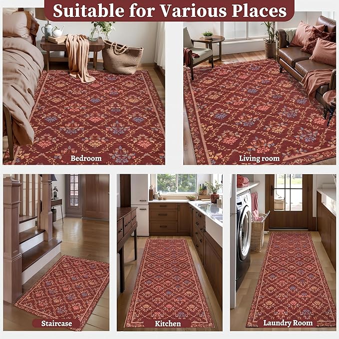 Tangsoo 2x6 Washable Runner Rug for Hallways, Non Slip Red Floral Carpet Runner, Soft Low Pile Floor Carpet Runner for Kitchen, Laundry, Bedroom, Bathroom, Living Room Home Decor