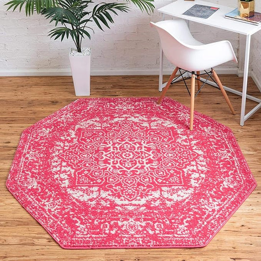 Rugs.com Arlington Collection Rug – 8 Ft Octagon Pink Medium-Pile Rug Perfect for Living Rooms, Kitchens, Entryways