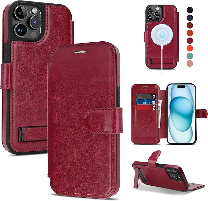 CIVICASE for iPhone 15 Pro Max Wallet Case with Stand,PU Leather Flip Credit Card Holder Slots (RFID Blocking),Compatible with Magsafe Magnetic Holder Phone Cover Women Men,Wine Red