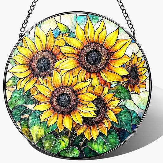 Stained Glass Window Hanging, 8 Inch Sunflower Stained Glass Suncatcher, Suncatchers for Windows Hanging, Home Decor for Window, Teacher Gift, Birthday Gift, Sunflower Gifts for Women, Friend