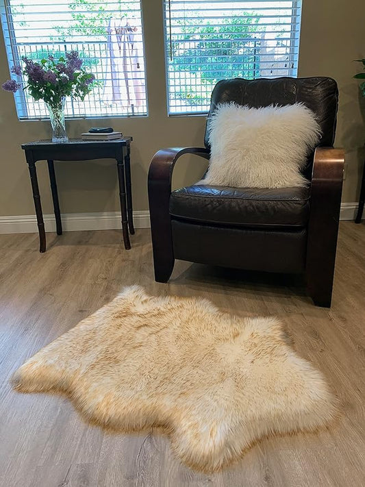 LAMBZY Faux Sheepskin Super Soft Hypoallergenic Silky Shag Rug for Living Room, Kids Room, Sofa (Single 2'x3', White/Brown Tips)