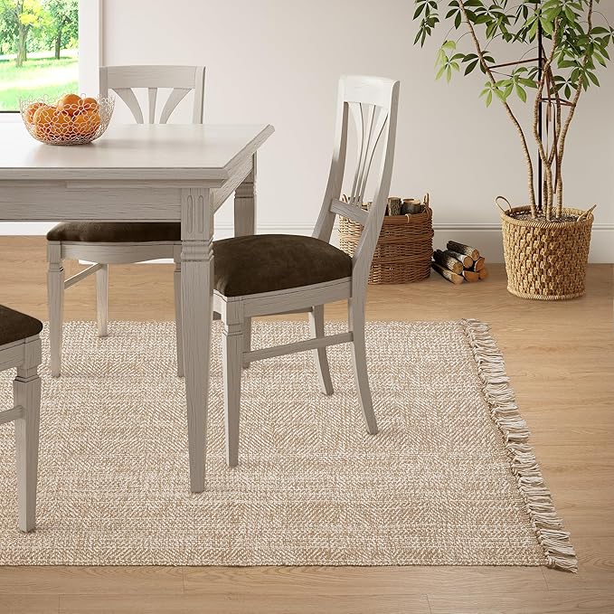 Collive Comfy Area Rug 4' x 6', Tan/Cream Woven Cotton Bedroom Rugs, Modern Indoor Accent Rug Floor Carpet with Tassel for Living Room, Nursery Room, Dining Room, Bedside, Office, Patio Decor