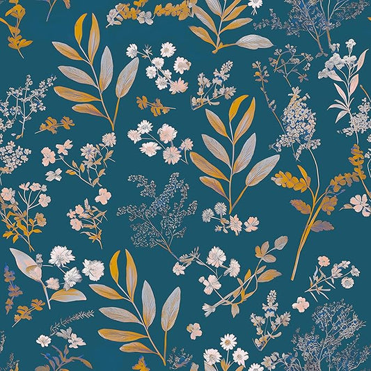 Vintage Wallpaper Peel and Stick Dark Blue Floral Wallpaper 17.5'' x 118'' Gold Leaf Contact Paper Vinyl Waterproof Self Adhesive Boho Botanical Wall Paper for Bedroom Cabinet Décor