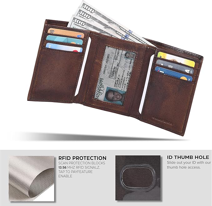 Tri fold Leather Wallet for Men with RFID | Slim Wallets for Men with 1 ID and 6 Credit card slots | Front Pocket Minimalist