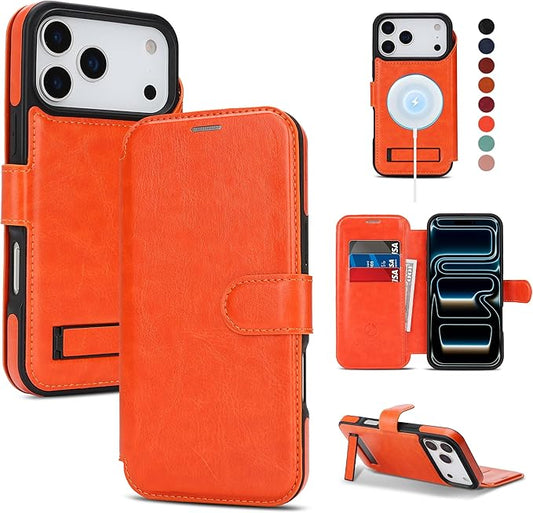 CIVICASE for iPhone 17 Pro Wallet Case with Stand,PU Leather Flip Credit Card Holder Slots (RFID Blocking),Compatible with Magsafe Magnetic Holder Phone Cover Women Men,Orange