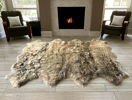 Free Shape Luxury Soft Fluffy Shag Area Rug Octo 8 Pelts 6'x8',180x240 cm - Vegan Fur Ultra Soft Indoor Carpet Nursery Rugs for Bedroom Home Decor, Brown with Beige Tips