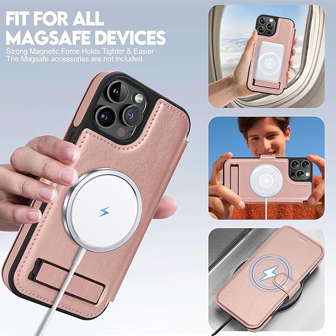 CIVICASE for iPhone 14 Pro Max Wallet Case with Stand,PU Leather Flip Credit Card Holder Slots (RFID Blocking),Compatible with Magsafe Magnetic Holder Phone Cover Women Men,Rose Gold