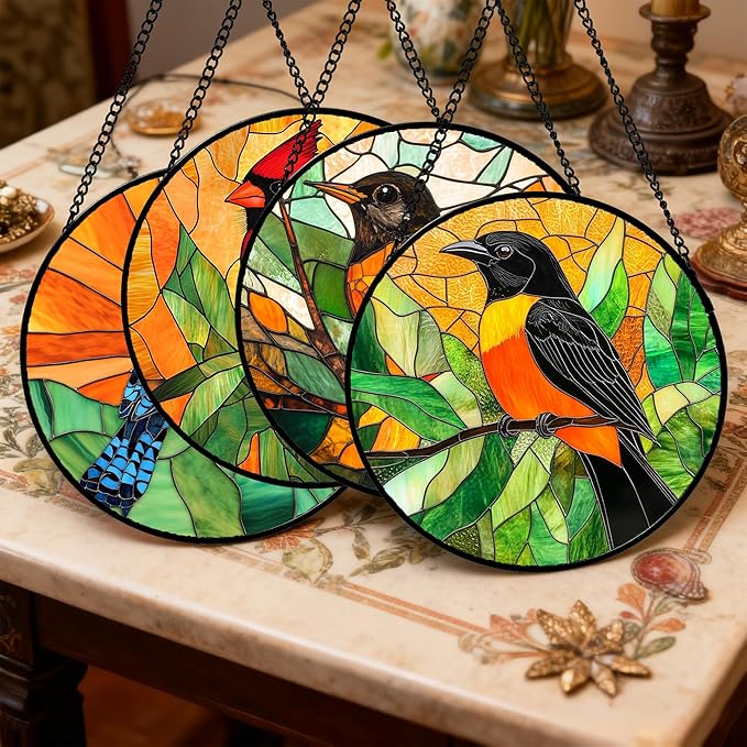 DASTOLL Stained Glass Window Hanging 4 Pcs Set Birds 6.3" - Cardinal Blue Jay Suncatcher Door Garden Sun Catcher Decor Birthday Christmas for Bird Lovers Mom Woman Nana Men