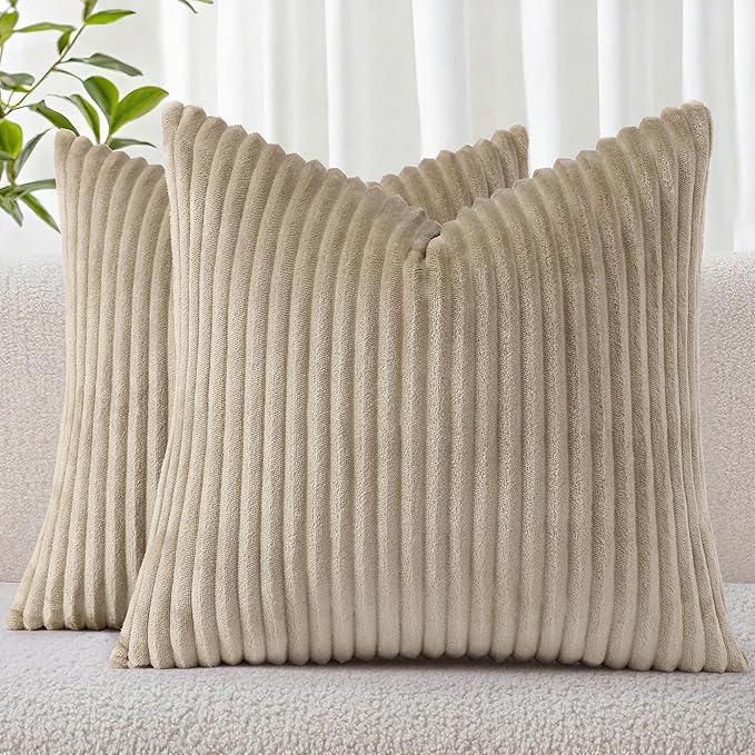 Simmore Decorative Spring Throw Pillow Covers 20x20 Set of 2, Soft Natural Plush Flannel Double-Sided Fluffy Couch Pillow Covers for Sofa Living Room, Khaki