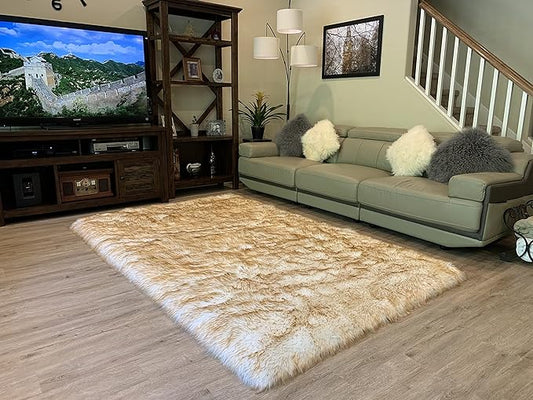 LAMBZY High Pile Super Soft Faux Sheepskin Rug (8'x11', White/Brown Tips)