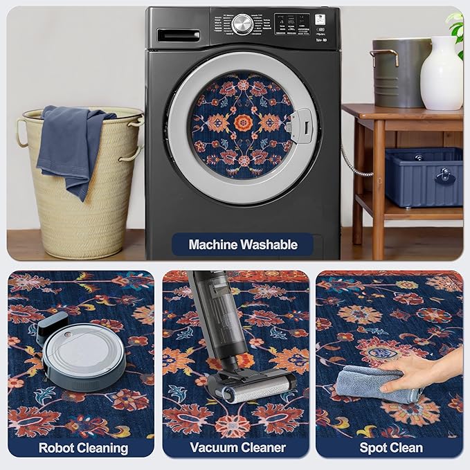 Tangsoo Washable Runner Rug for Hallway Non Slip, 2x5 Boho Floral Vintage Carpet Runner Rugs for Entryway, Floor Low Pile Runners for Kitchen Bathroom Laundry Bedroom Alfombra Red Blue Farmhouse
