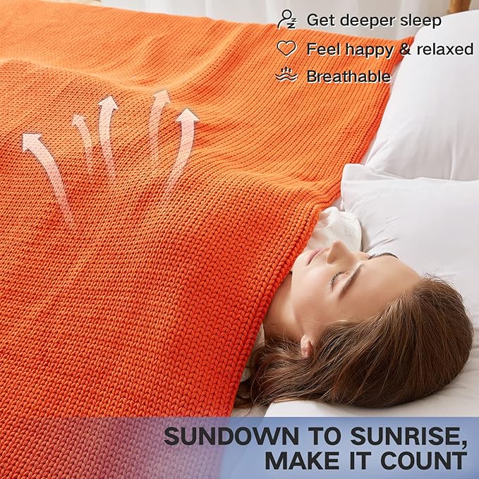 Guohaoi Knitted Weighted Blanket for Adults (Orange 48"x72" 12lbs) No Beads Cooling Throw Blanket for Hot Sleepers, Home Decor Breathable Chunky Knit Heavy Blanket Use on Full Size Bed