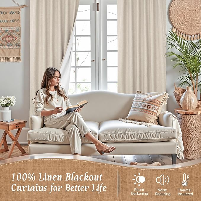 LAMIT 100% Blackout Oatmeal Linen Curtains, 80 Inches Linen Textured Thermal Bedroom Drapes Back Tab and Rod Pocket Neutral Panels with White Liner for Living Room, 2 Panels, 52 x 80 Inch