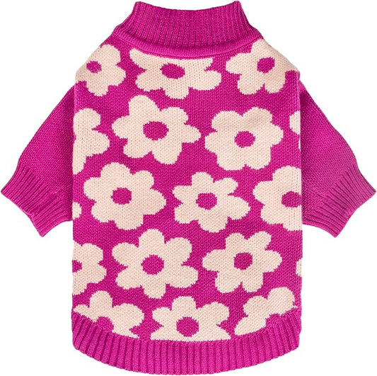 Fitwarm Floral Dog Sweater, Thermal Sweatshirt, Winter Clothes for Small Dogs Girl, Pullover Jumper, Pet Outfit, Hot Pink, White, XS