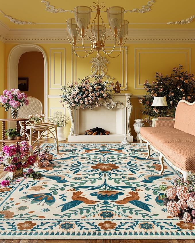 Moynesa Area Rugs 9x12 Retro Home Decor, Modern Bohemian Farmhouse Floral Bird Print Pattern Medallion Carpet for Large Living Room Bedroom Dining Room,Floor Protection Non-Slip Washable