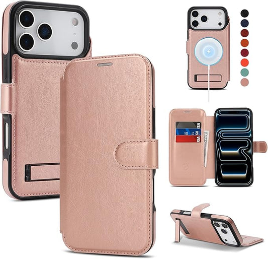 CIVICASE for iPhone 17 Pro Max Wallet Case with Stand,PU Leather Flip Credit Card Holder Slots (RFID Blocking),Compatible with Magsafe Magnetic Holder Phone Cover Women Men,Rose Gold