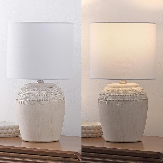 JONATHAN Y JYL5707B-SET2 16.75" Antique White Rustic Reeded Ceramic Table Lamp Set of 2 for Living Room, Traditional Farmhouse Bedside Nightstand Lamps with White Linen Shade, LED Bulbs Included