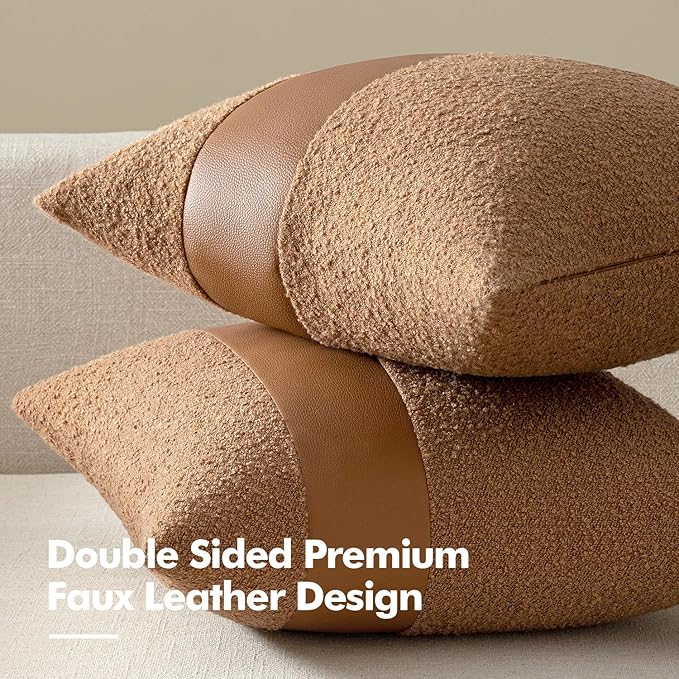 MIULEE Boucle Throw Pillow Covers 26x26 Inch Set of 2 Brown Faux Leather Textured Decorative Pillow Cases Boho Farmhouse Accents Cushion Covers for Couch Bed Livingroom Home Decor