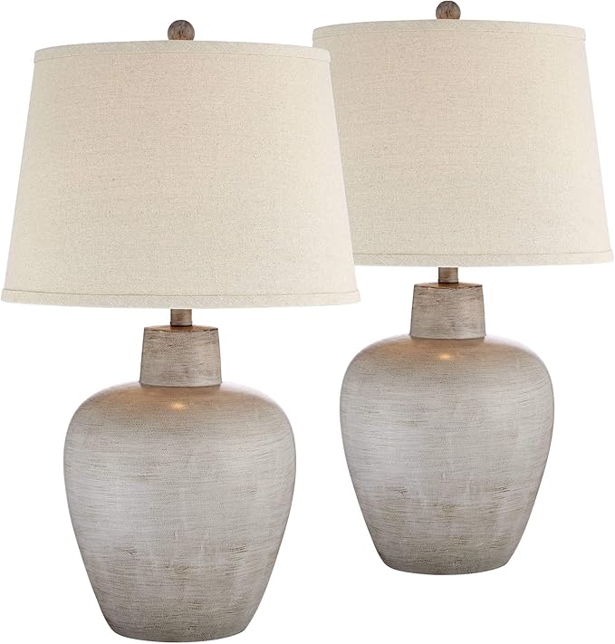 Regency Hill Glenn Rustic Country Cottage Style Table Lamps 27" Tall Set of 2 Southwest Urn Neutral Fabric Drum Shade Decor for Living Room Bedroom House Bedside Nightstand Home Office