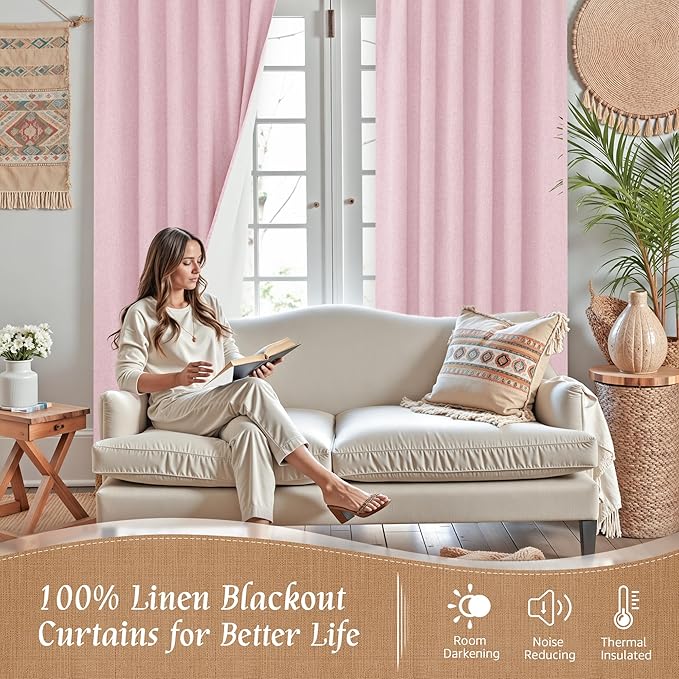 LAMIT Pink 100% Blackout Linen Curtains, 84 Inch Linen Textured Living Room Farmhouse Curtains Room Darkening Back Tab and Rod Pocket Burlap Neutral Panels with White Liner, 2 Panels, 52 x 84 Inch