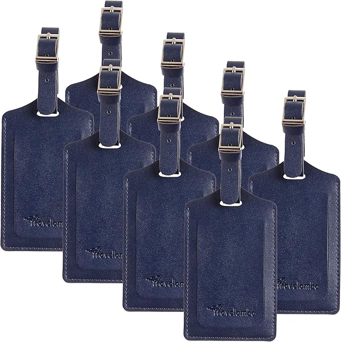 Travelambo 8 Pack Luggage Tags Faux Leather for Suitcases Travel Bag Labels Travel Accessories Essential with Protection Cover ID (Deep Blue)