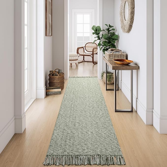 Collive Long Hallway Rug 2.6' x 10' - Washable Indoor Olive Green Cream Braided Woven Kitchen Rugs Low-Profile Door Floor Carpet for Bedroom Doorway