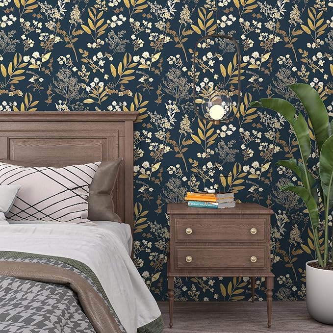 Dark Blue Leaf Wallpaper Peel and Stick Dark Blue Floral Wallpaper for Bedroom Vintage Leaf Contact Paper Waterproof Self Adhesive Boho Floral Wall Paper for Bedroom Walls Countertop 17.5in x 197in