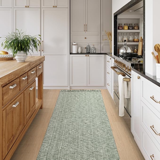 Collive Long Hallway Rug 2.6' x 10' - Washable Indoor Olive Green Cream Braided Woven Kitchen Rugs Low-Profile Door Floor Carpet for Bedroom Doorway