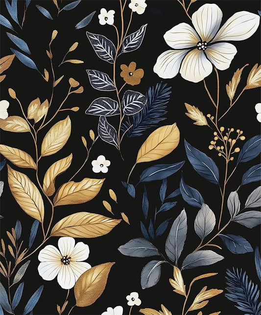 Vintage Dark Floral Wallpaper Peel and Stick Blue/Gold Leaf Wallpaper Waterproof Self Adhesive Removable Boho Wall Paper Modern for Bedroom Walls Drawer Cabinet 17.5in x 197in
