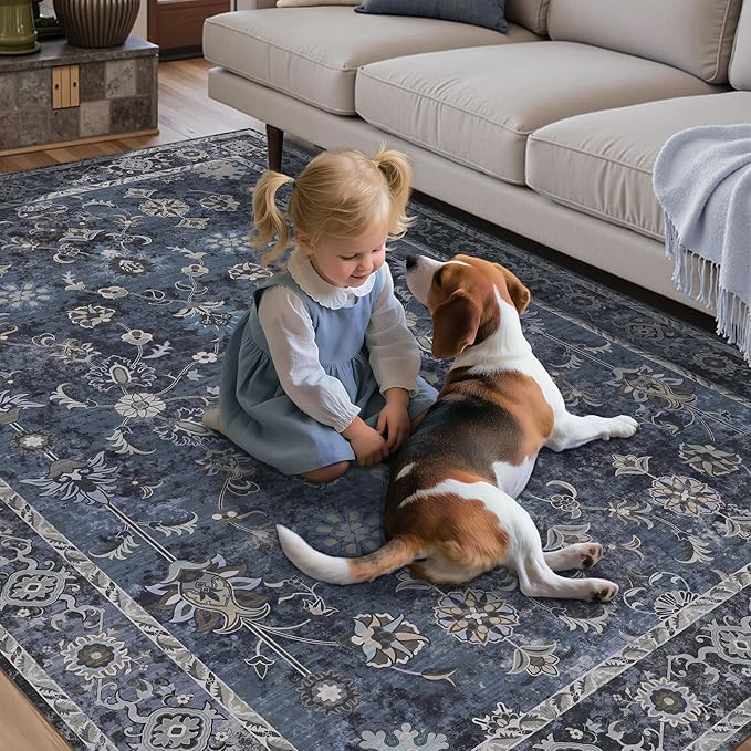 Tangsoo 2x10 Washable Runner Rug for Hallway Non Slip, Boho Floral Vintage Carpet Long Runner Rugs for Entryway Kitchen, Floor Low Pile Runners for Laundry Bedroom Alfombra Blue Black Farmhouse